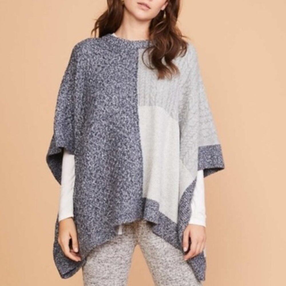 Lou & Grey Blue Poncho Sweater Grey Patchwork Chunky Knit Oversized Size M/L